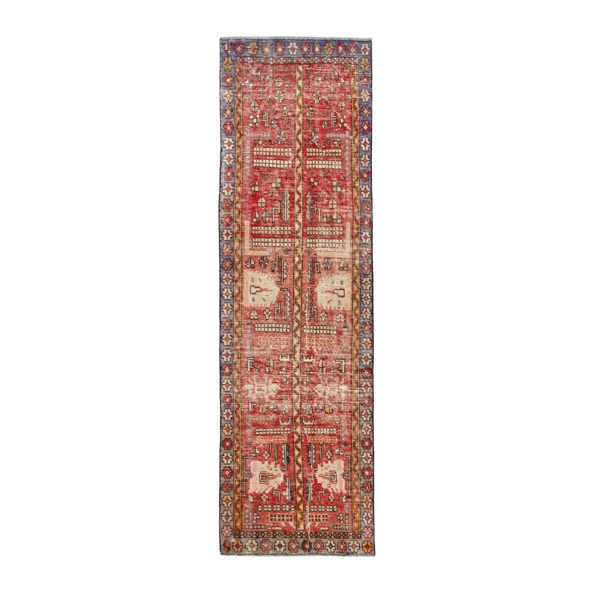 Persian Azerbaijan runner rug in faded red and slate blue, 2'11" x 10'