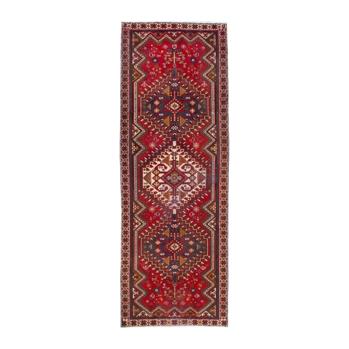 Persian Shiraz runner rug in deep red and dark blue, 3'5" x 9'11"