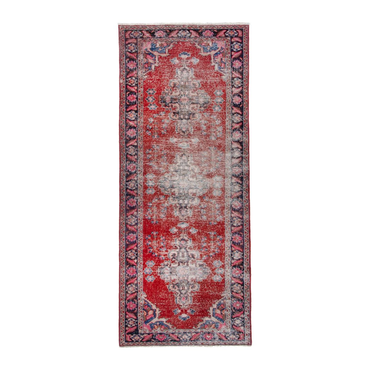 Persian Ferdos runner rug in faded red and navy, 3'9" x 10'4"