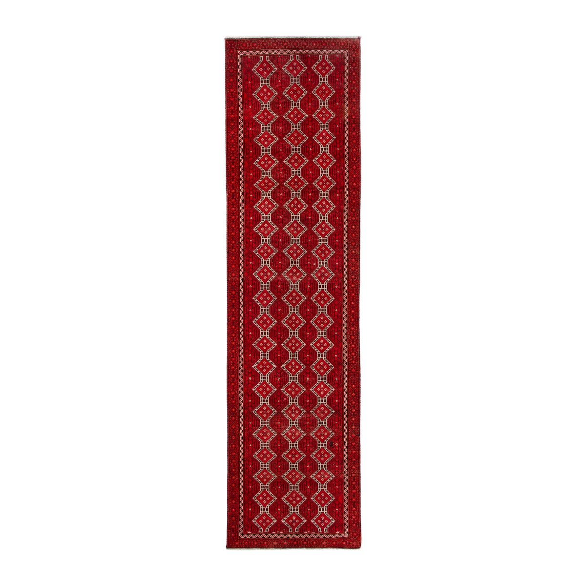 Persian Baluch runner rug in deep red and cream, 2'7" x 10'7"