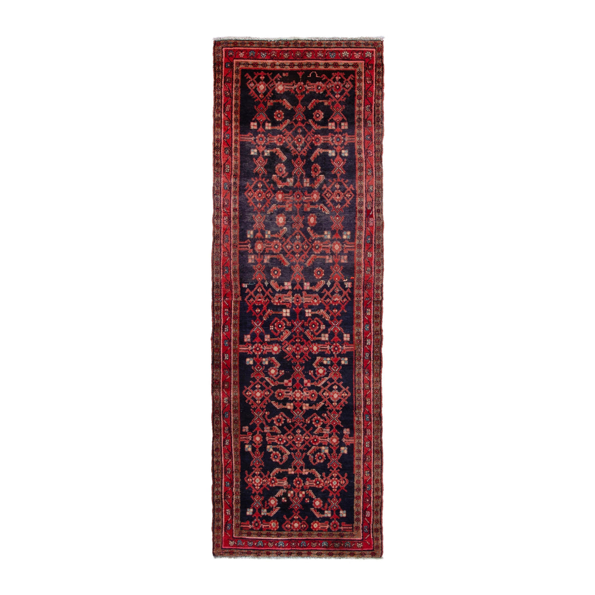 Persian Hamedan runner rug in navy and deep red, 3'7" x 11'6"