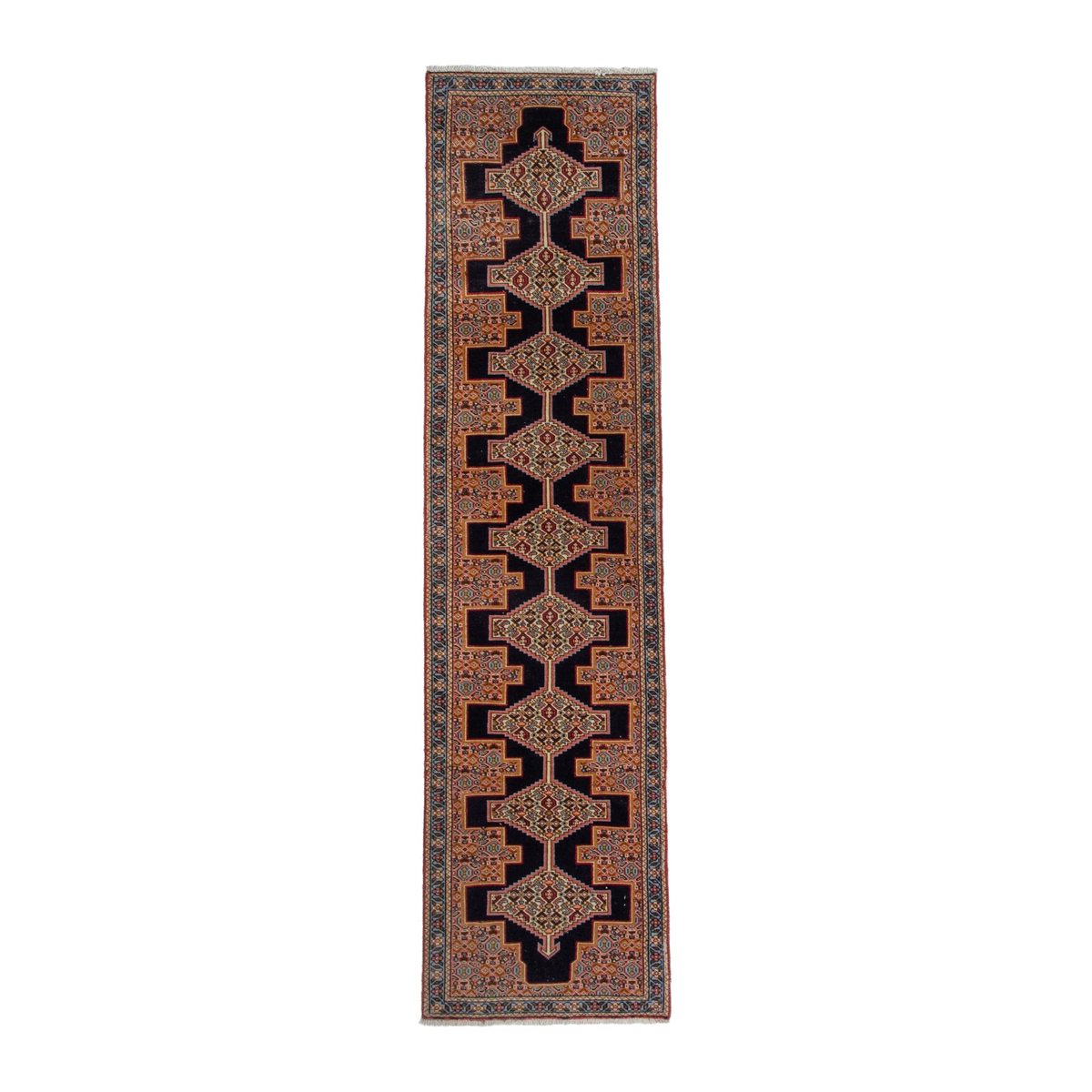Persian Sanandaj runner rug in black and terracotta, 1'10" x 7'9"
