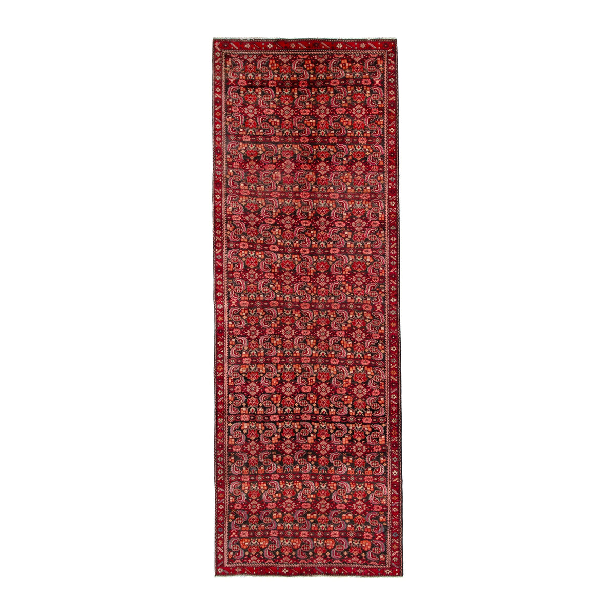 Persian Ardabil area rug in burgundy and antique gold, 4'2" x 12'4"