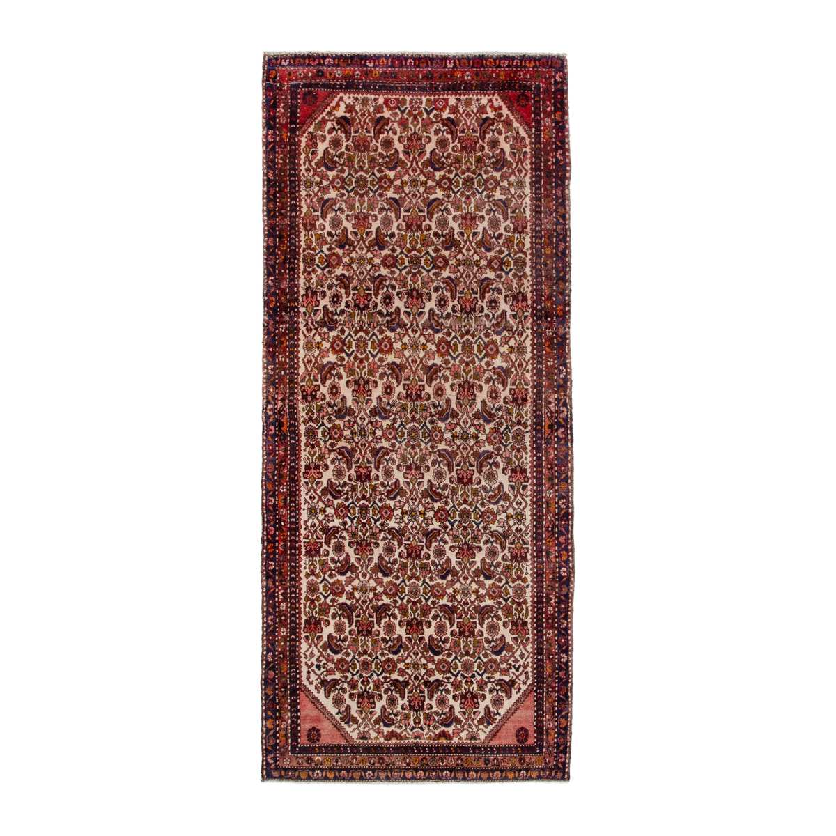 Persian Hamedan runner rug in cream and burgundy, 3'10" x 9'2"