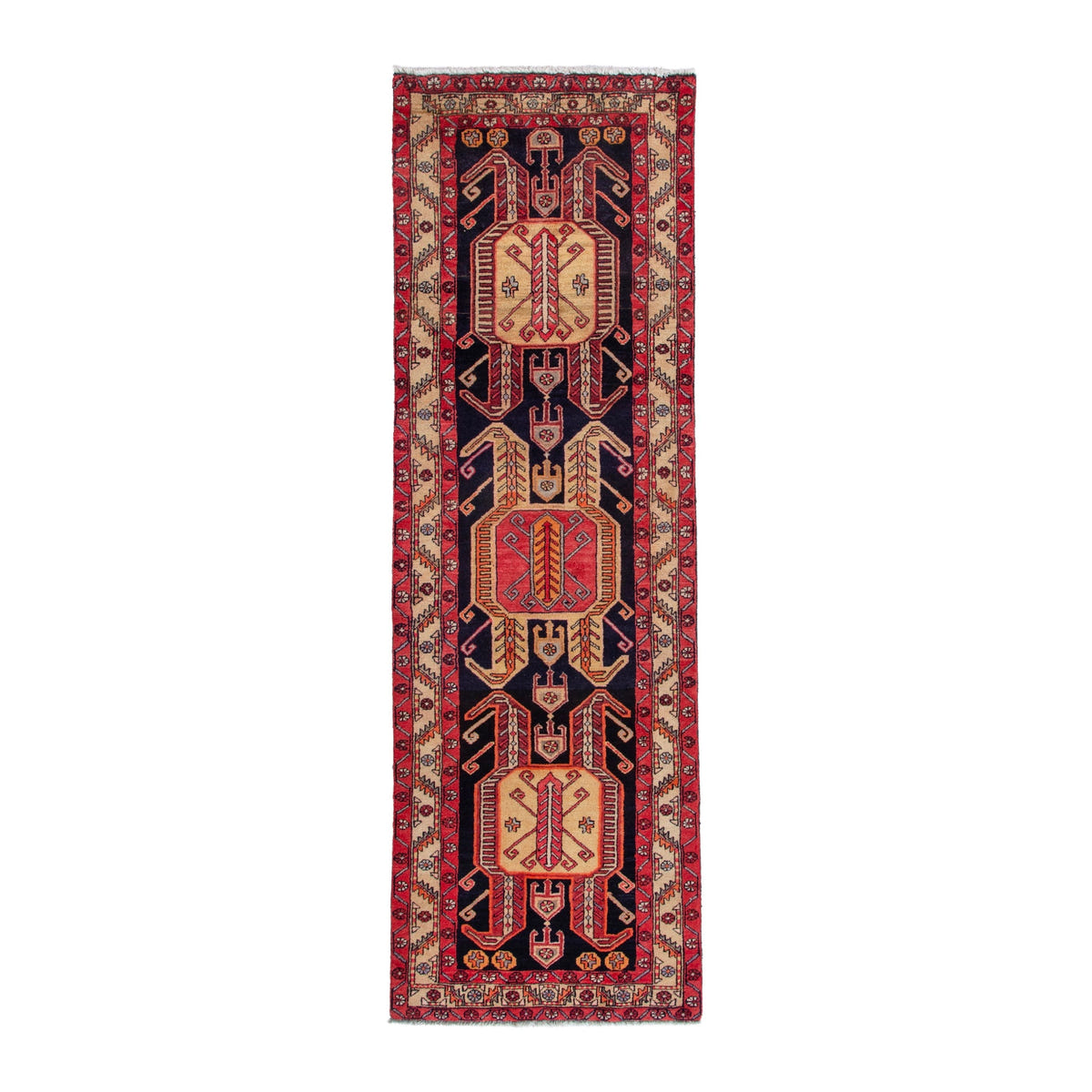Persian Ardabil runner rug in navy and burgundy, 3'3" x 10'2"