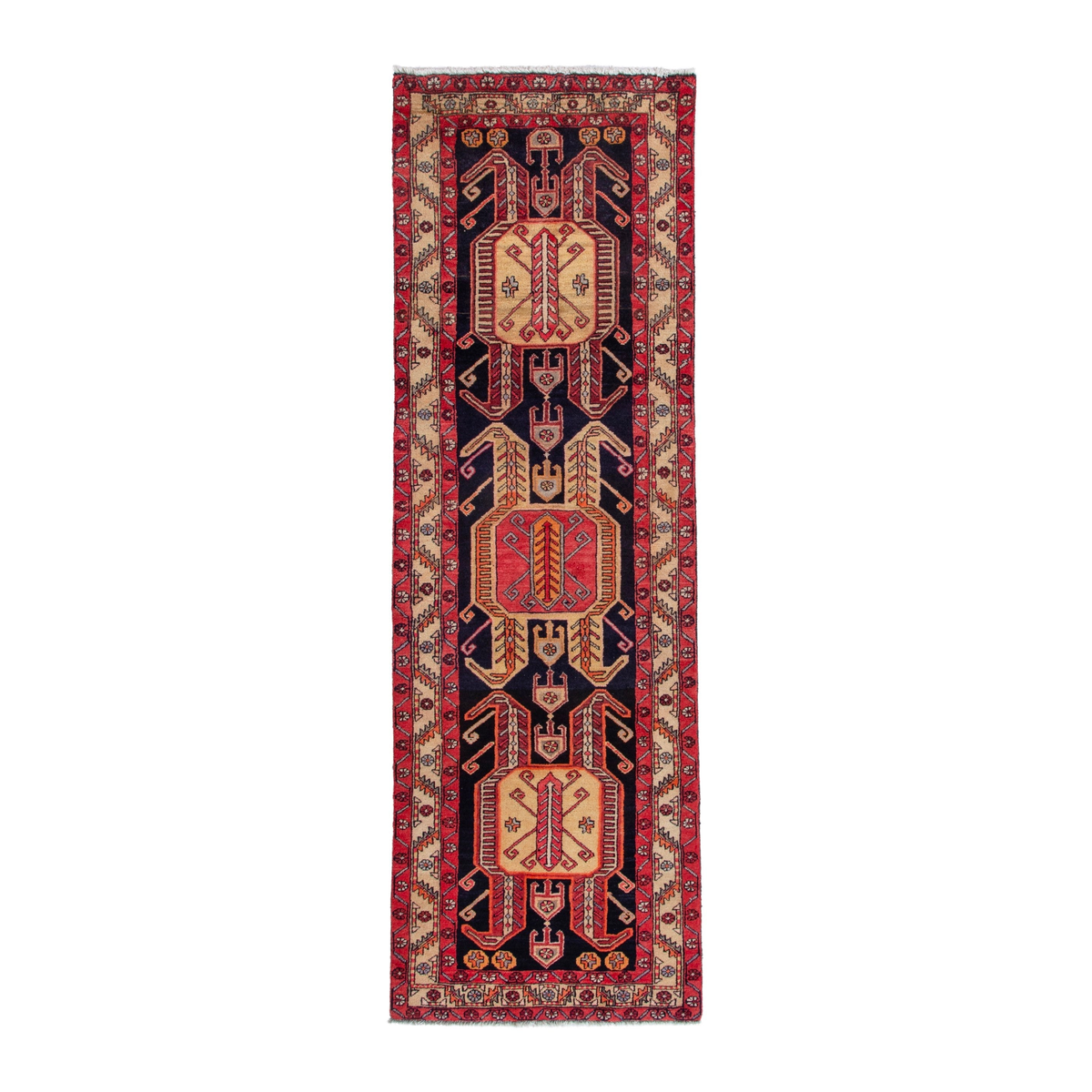Persian Ardabil runner rug in navy and burgundy, 3'3" x 10'2"