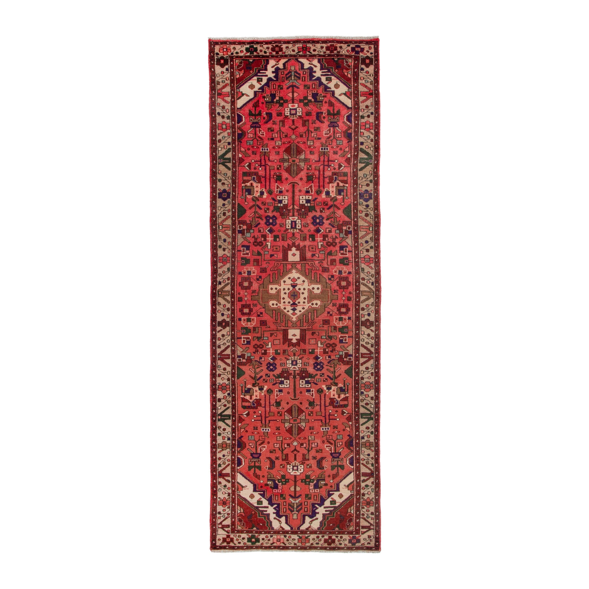 Persian Zanjan runner rug in deep red and cream, 3'3" x 9'11"
