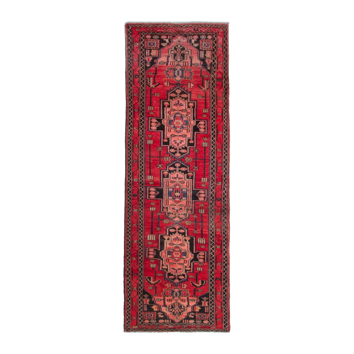 Persian Zanjan runner rug in deep red and muted pink, 3'4" x 10'2"