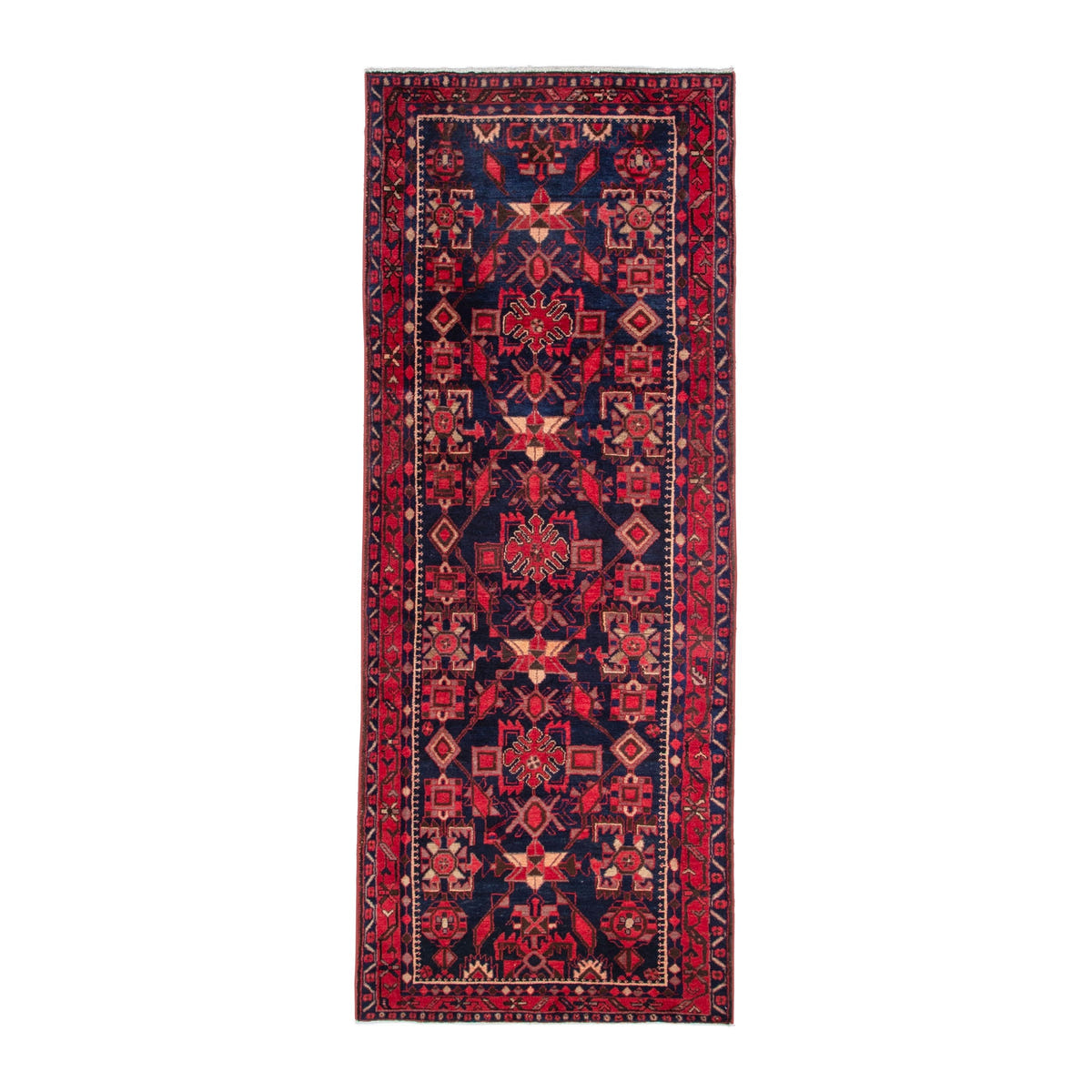 Persian Borujerd runner rug in deep red and navy, 3'7" x 10'