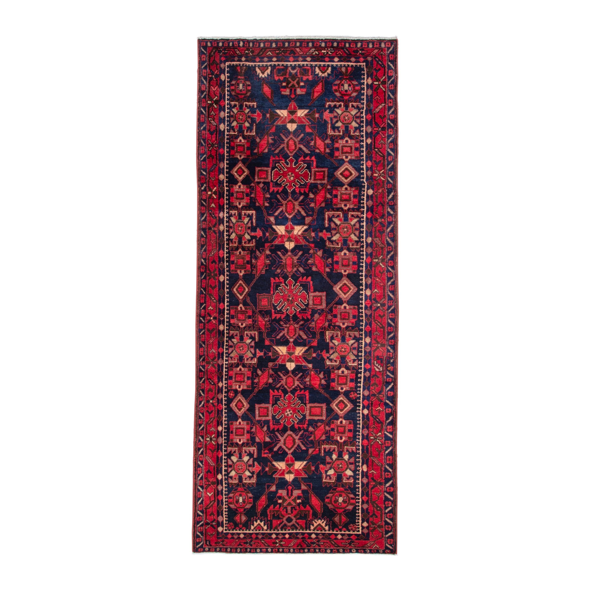 Persian Borujerd runner rug in deep red and navy, 3'7" x 10'