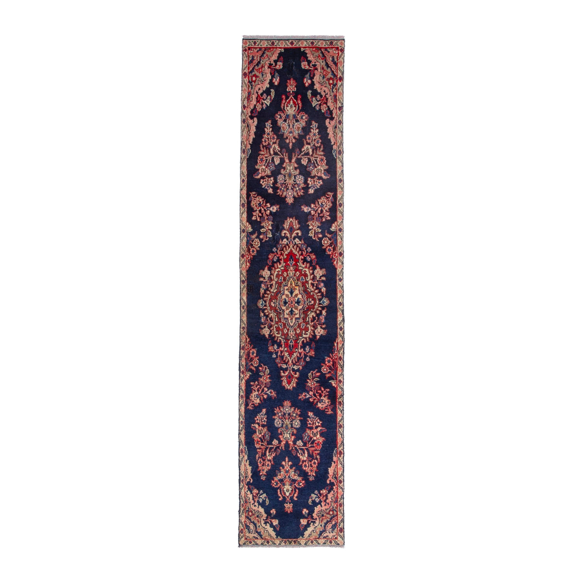 Persian Hamedan runner rug in navy and deep red, 1'9" x 9'1"