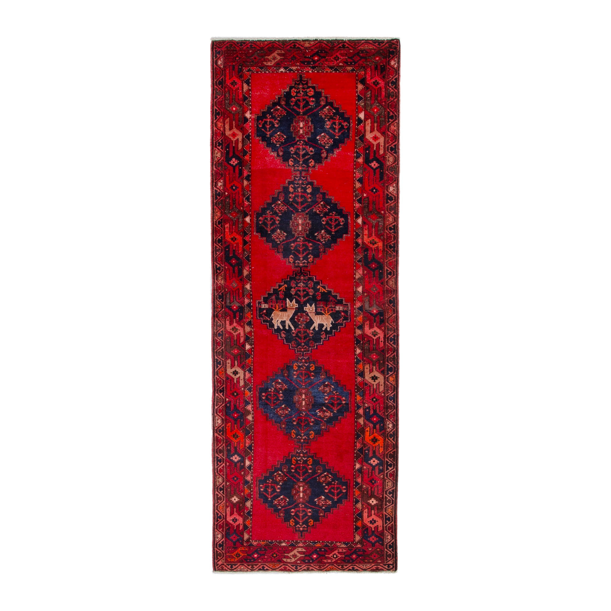 Persian Zanjan runner rug in deep red and deep indigo, 3'9" x 10'2"