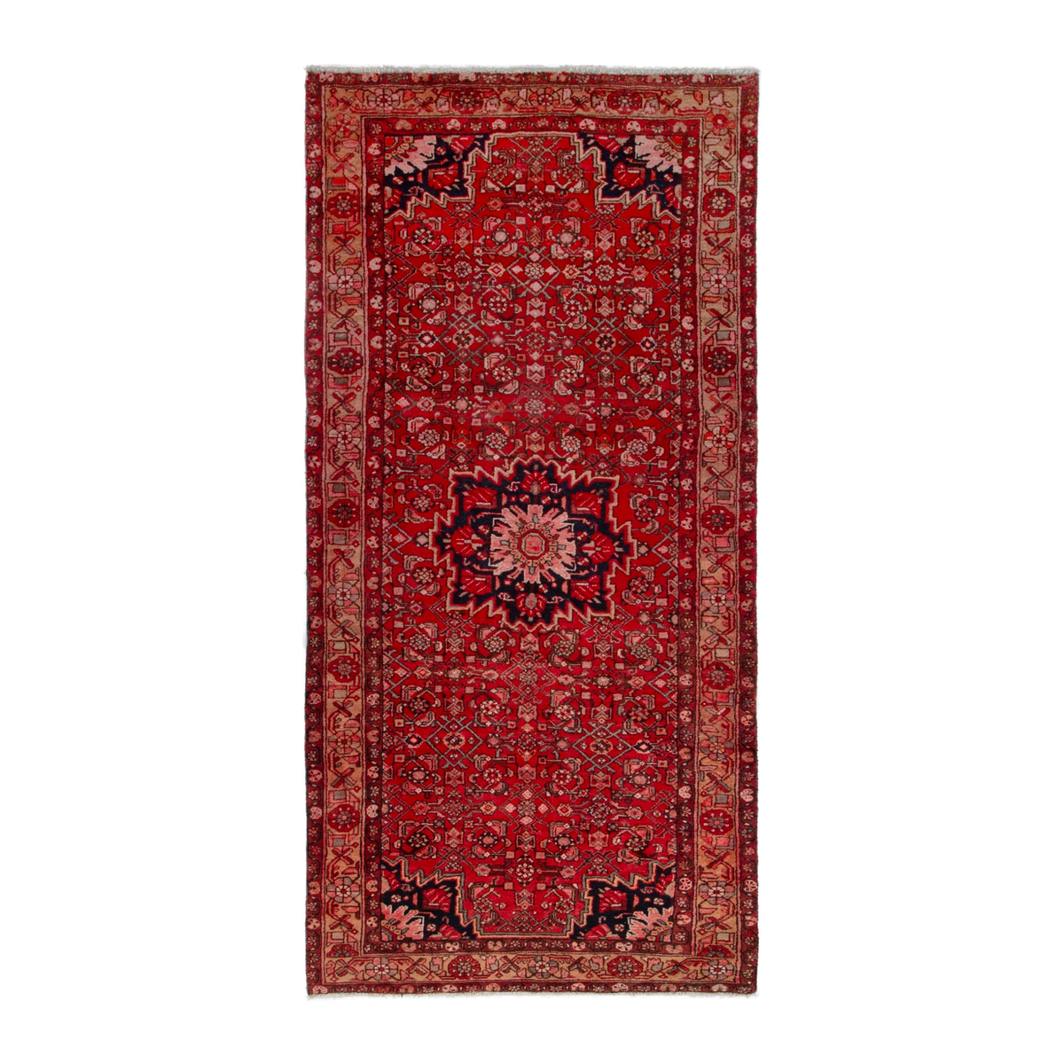 Persian Hossein Abad runner rug in deep red and terracotta, 4'4" x 9'8"