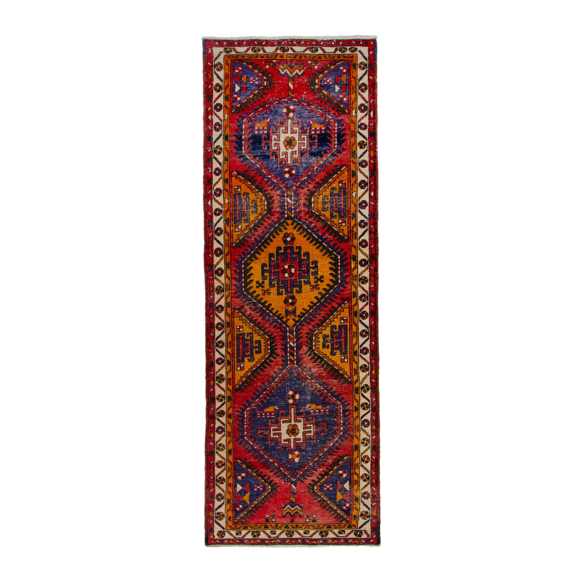 Persian Azerbaijan runner rug in deep red and denim, 3'5" x 10'8"