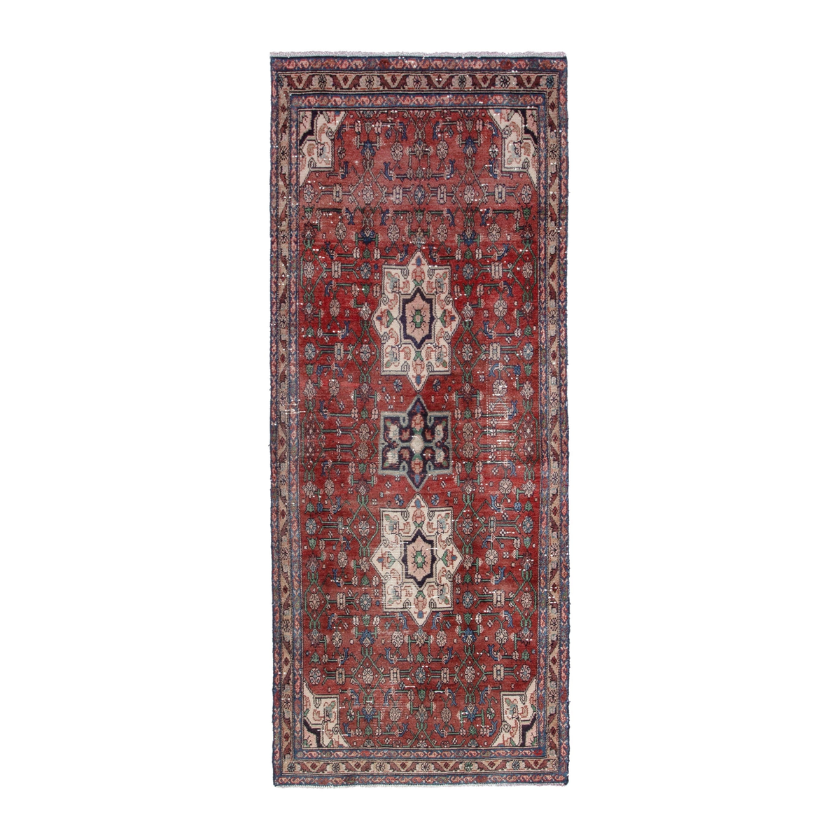 Persian Hamedan runner rug in deep red and off-white, 3'5" x 8'8"