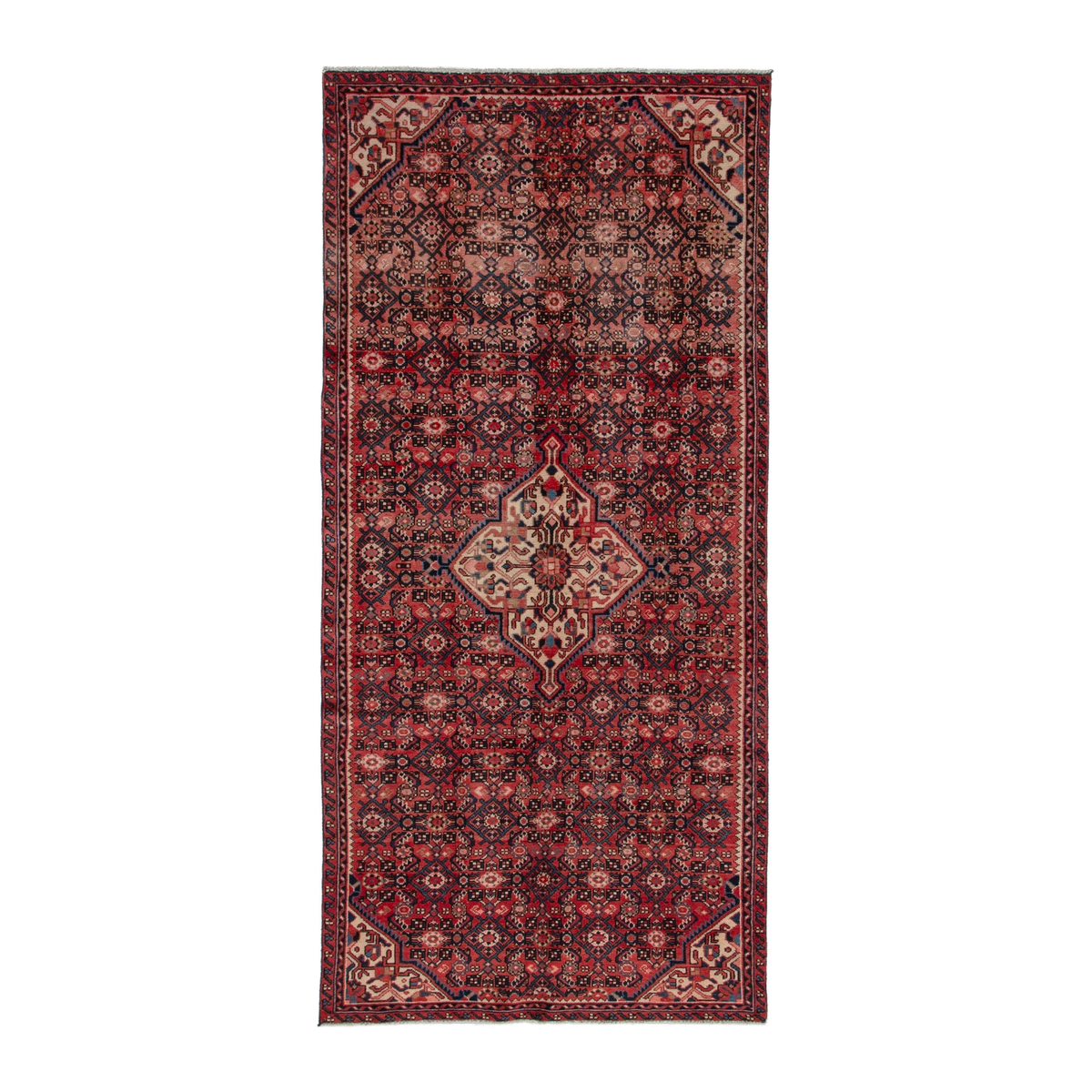Persian Hossein Abad runner rug in deep red and cream, 4'5" x 10'