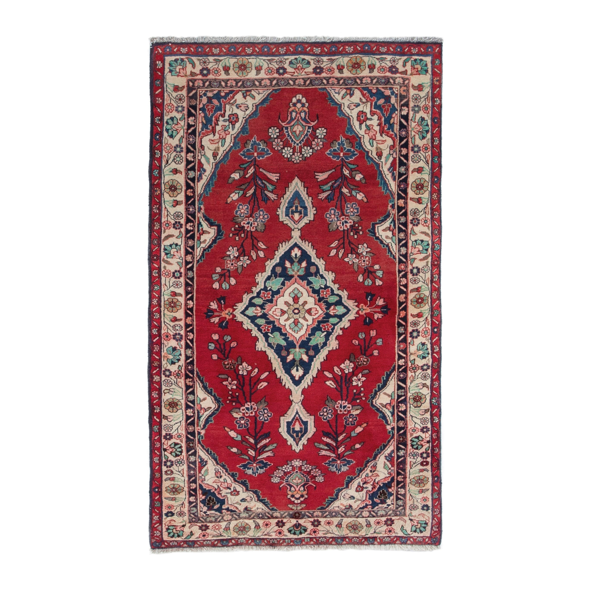 Persian Hamedan accent rug in deep red and ivory, 3'7" x 6'3"
