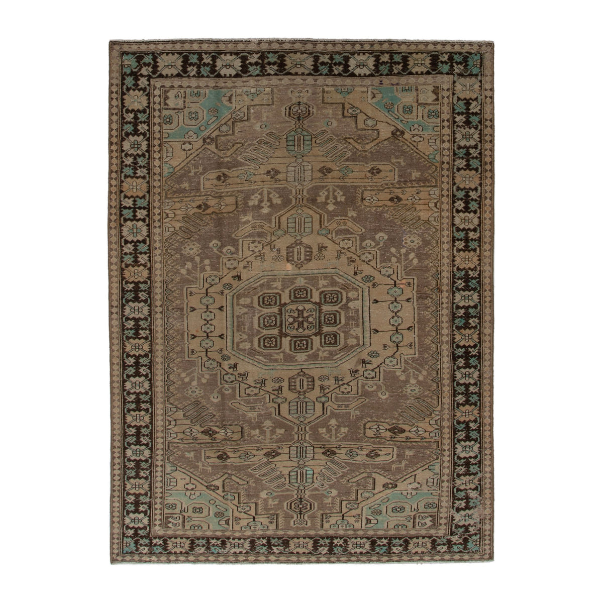Persian Bakhtiari area rug in tan and dark brown, 6'8" x 9'9"