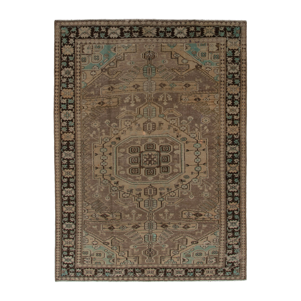 Persian Bakhtiari area rug in tan and dark brown, 6'8" x 9'9"