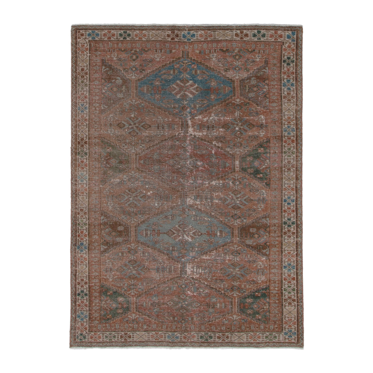 Persian Shiraz area rug in rust and teal, 4'9" x 6'6"