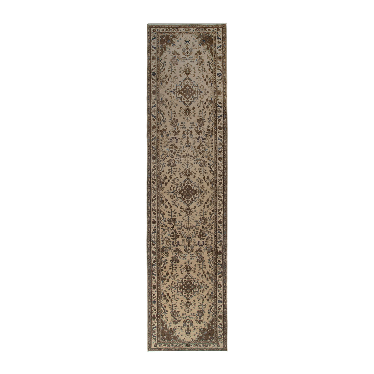 Persian Hamedan runner rug in cream and brown, 3'7" x 17'2"