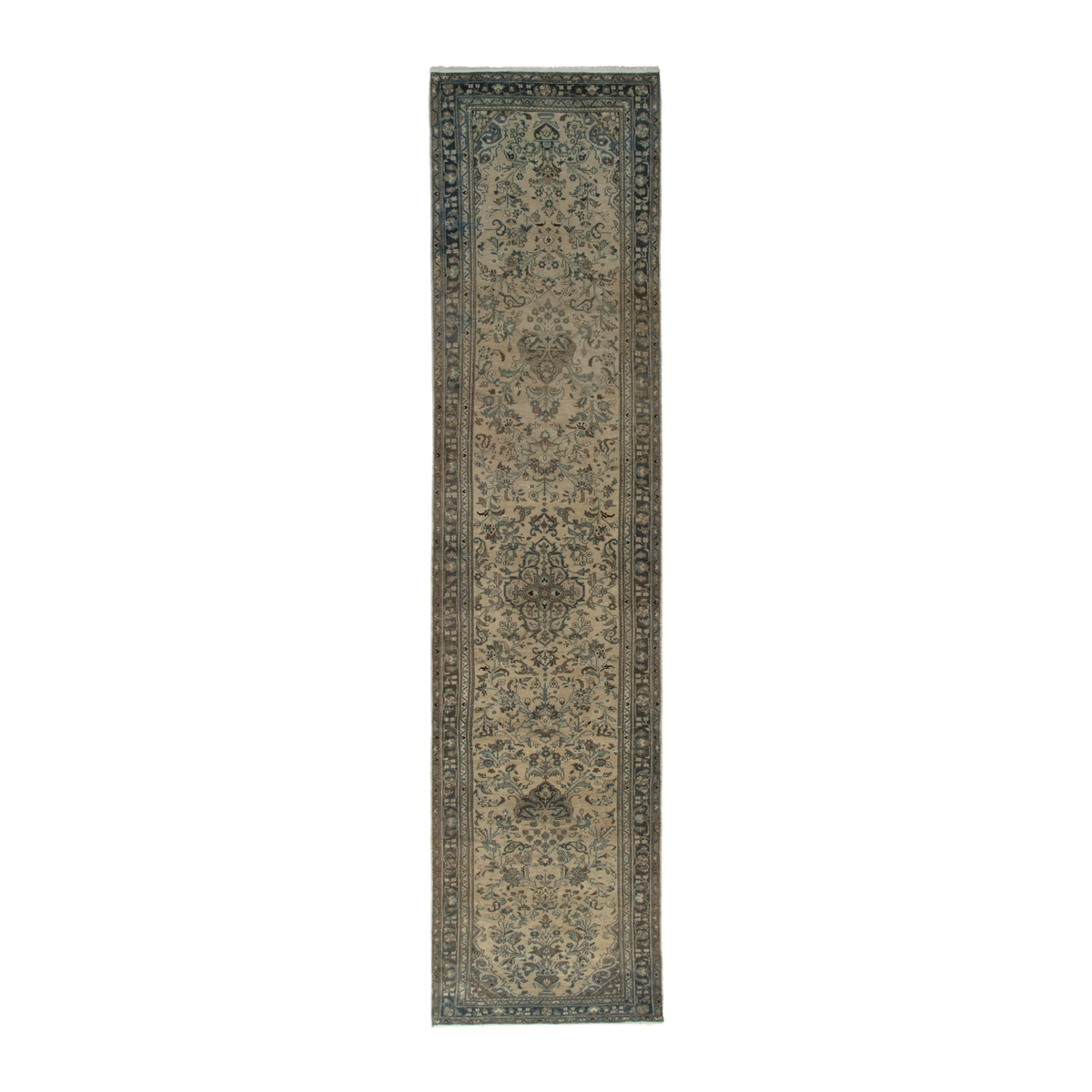 Persian Hamedan runner rug in cream and sage, 3'9" x 17'5"