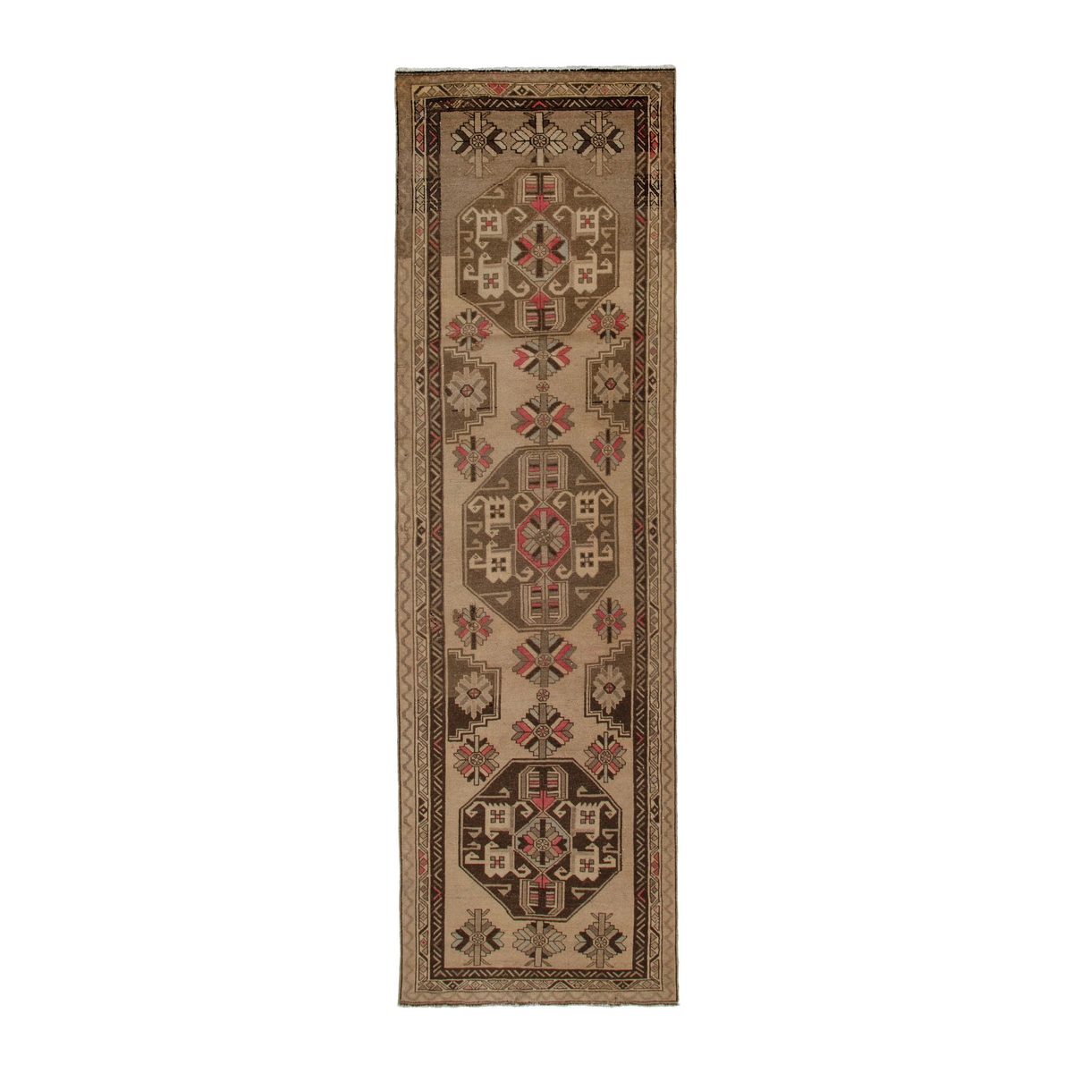 Persian Ardabil runner rug in beige and dark brown, 3'8" x 13'5"