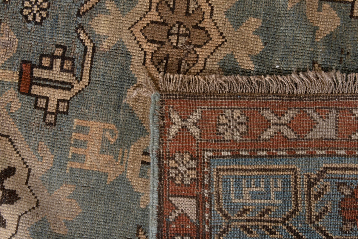 Persian Shiraz area rug in slate blue and brick, view 17 of 20