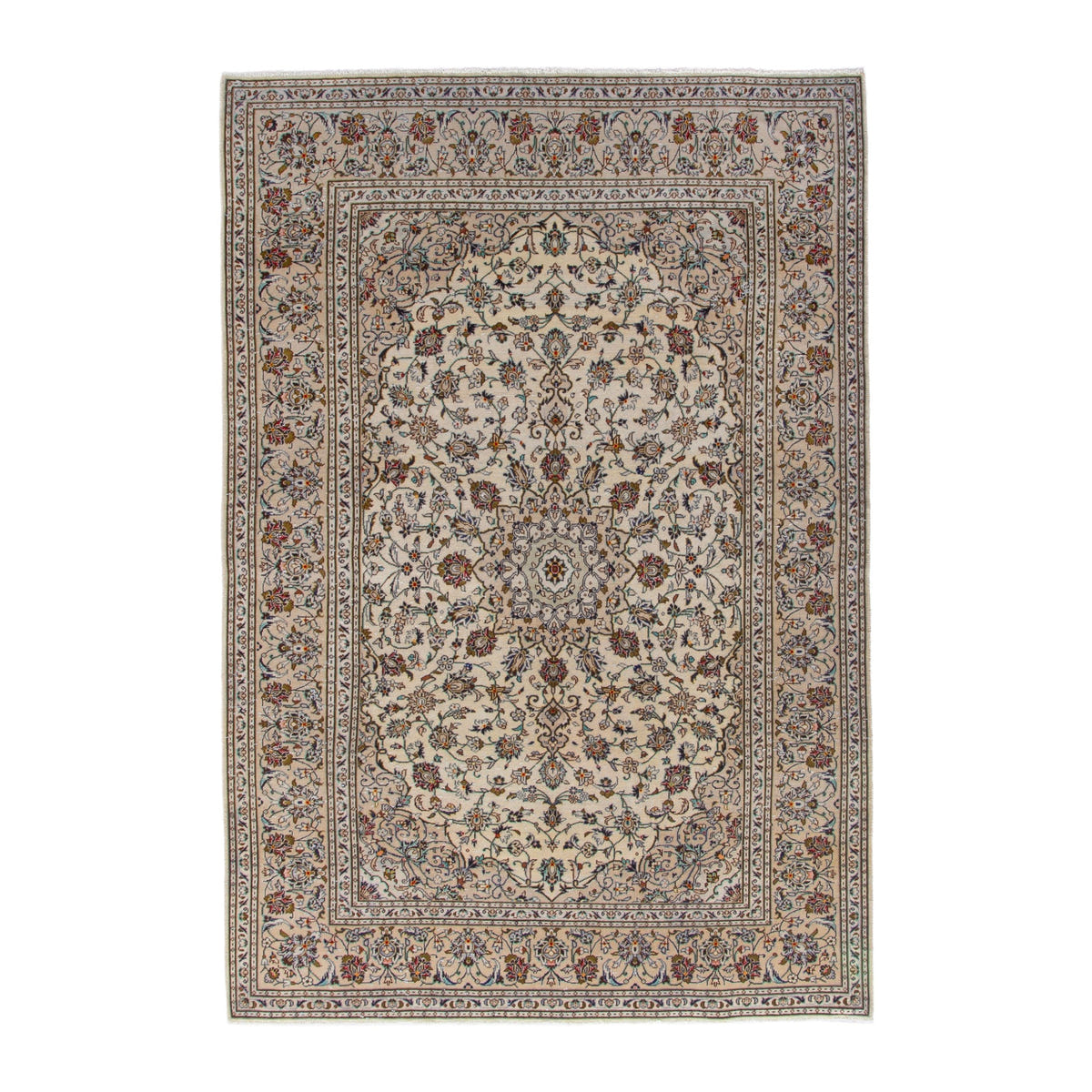 Persian Kashan area rug in cream and brown, 6'6" x 9'9"
