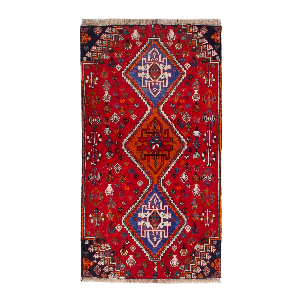 Persian Shiraz accent rug in deep red and denim, 2'3" x 4'