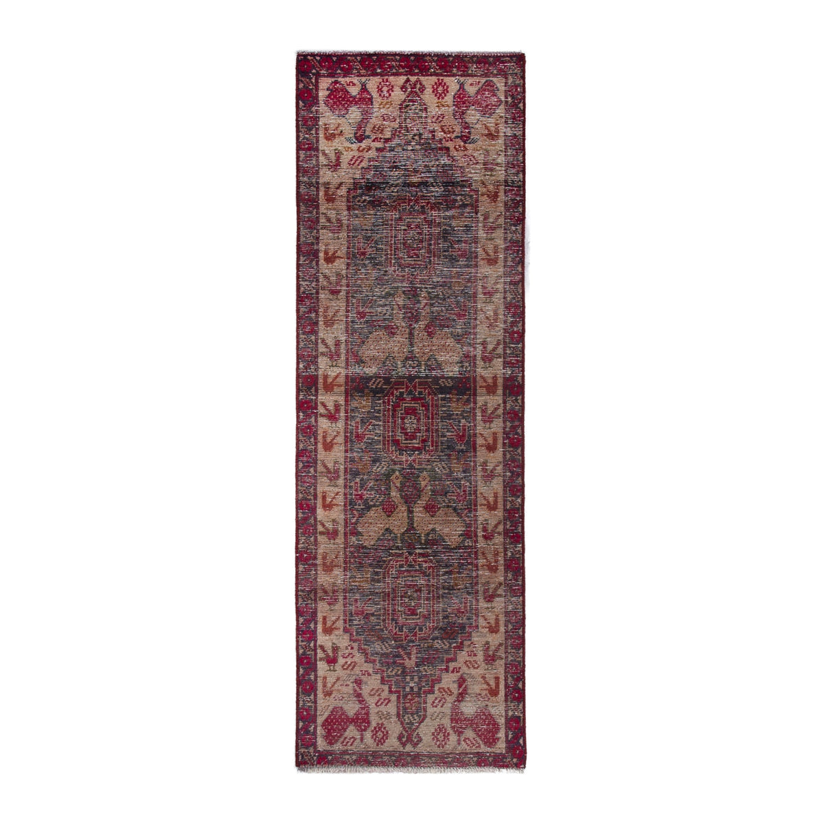 Persian Baluch rug in dark blue and burgundy, 2' x 6'4"