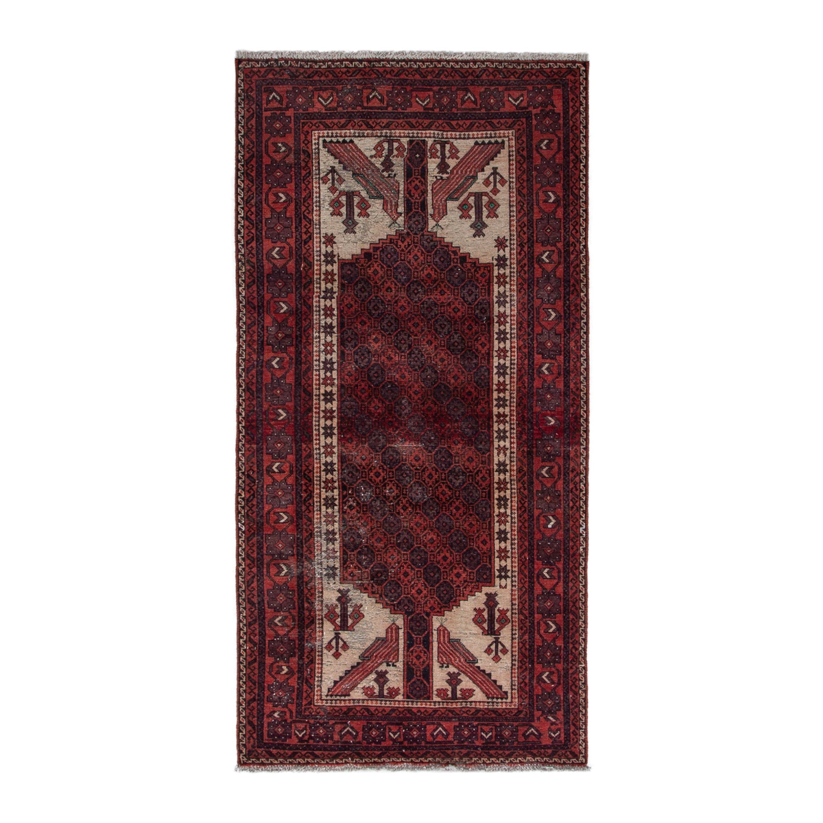 Persian Baluch runner rug in burgundy and deep red, 3'1" x 6'9"