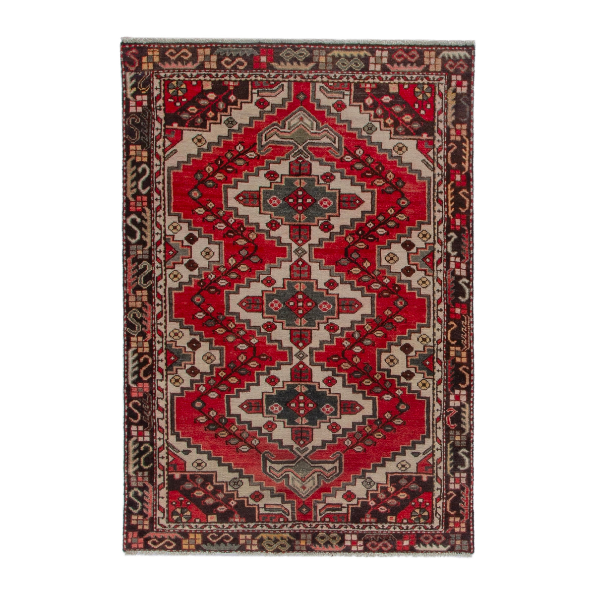 Persian Bakhtiari accent rug in deep red and cream, 4'1" x 6'2"