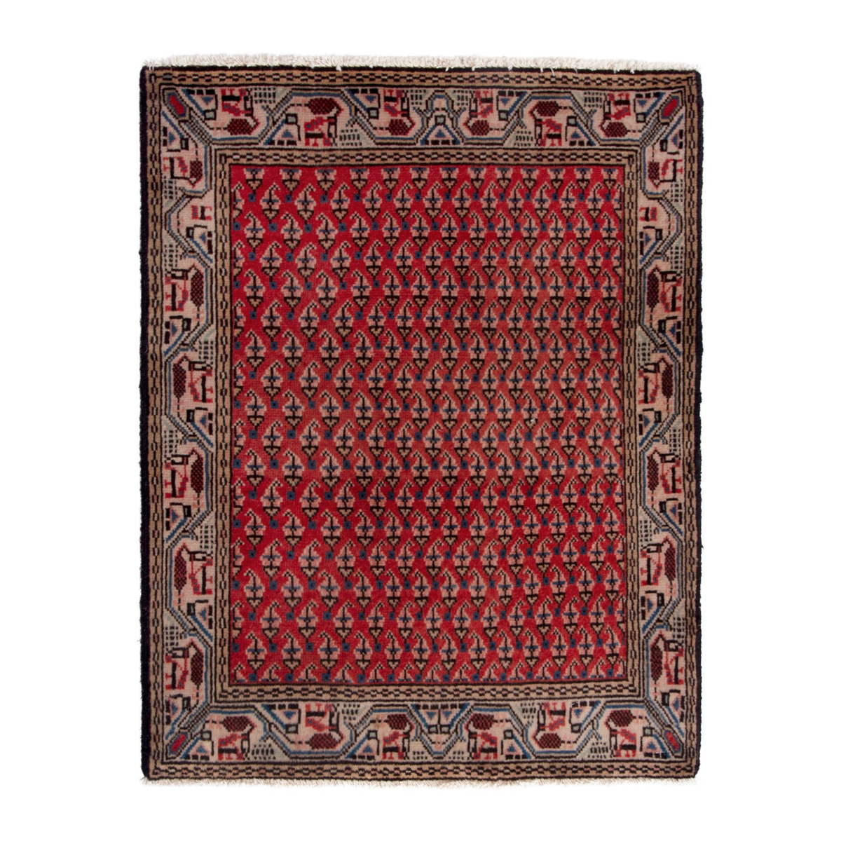 Persian Botteh accent rug in deep red and greige, 2' x 2'3"