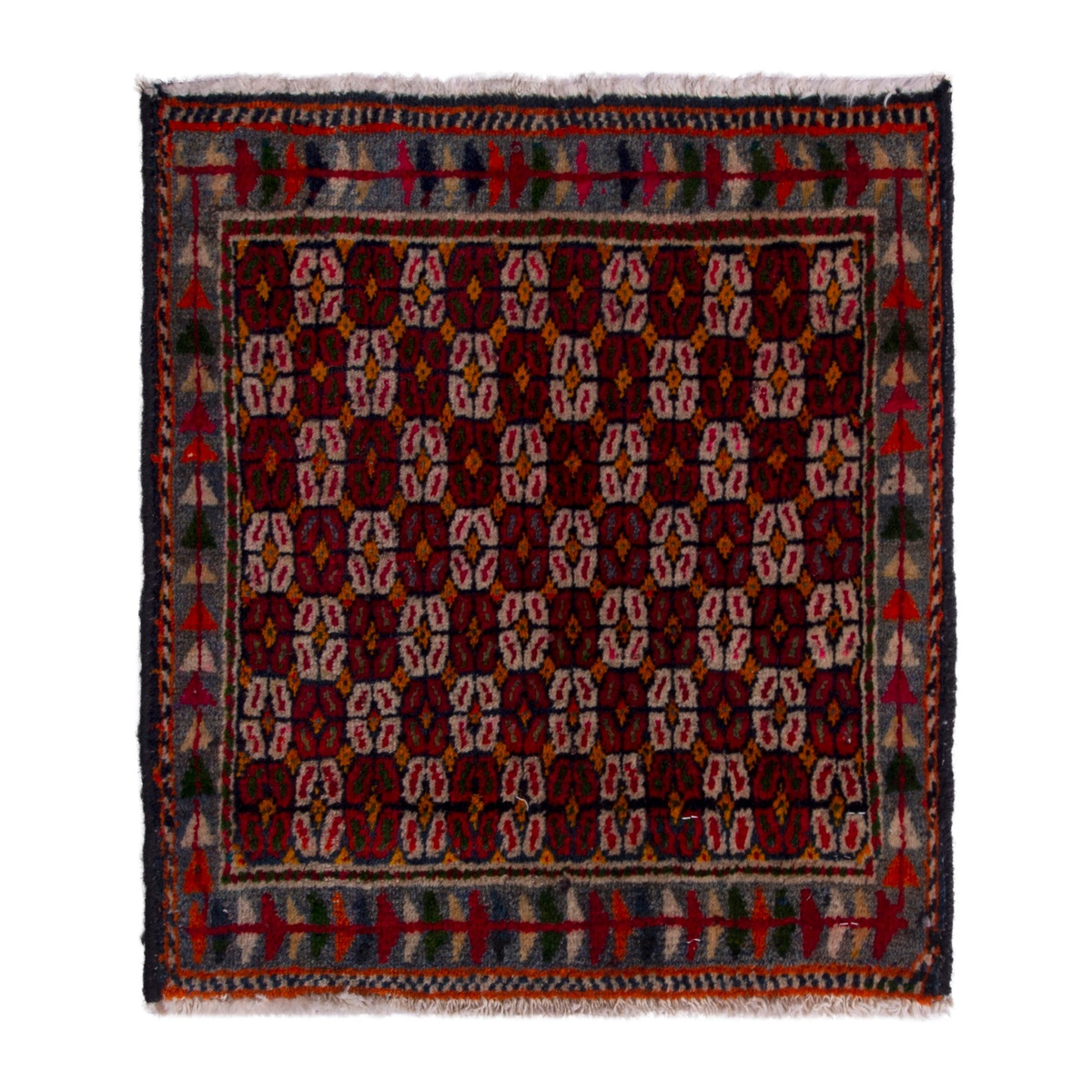 Persian Shiraz accent rug in burgundy and cream, 1'7" x 1'7"