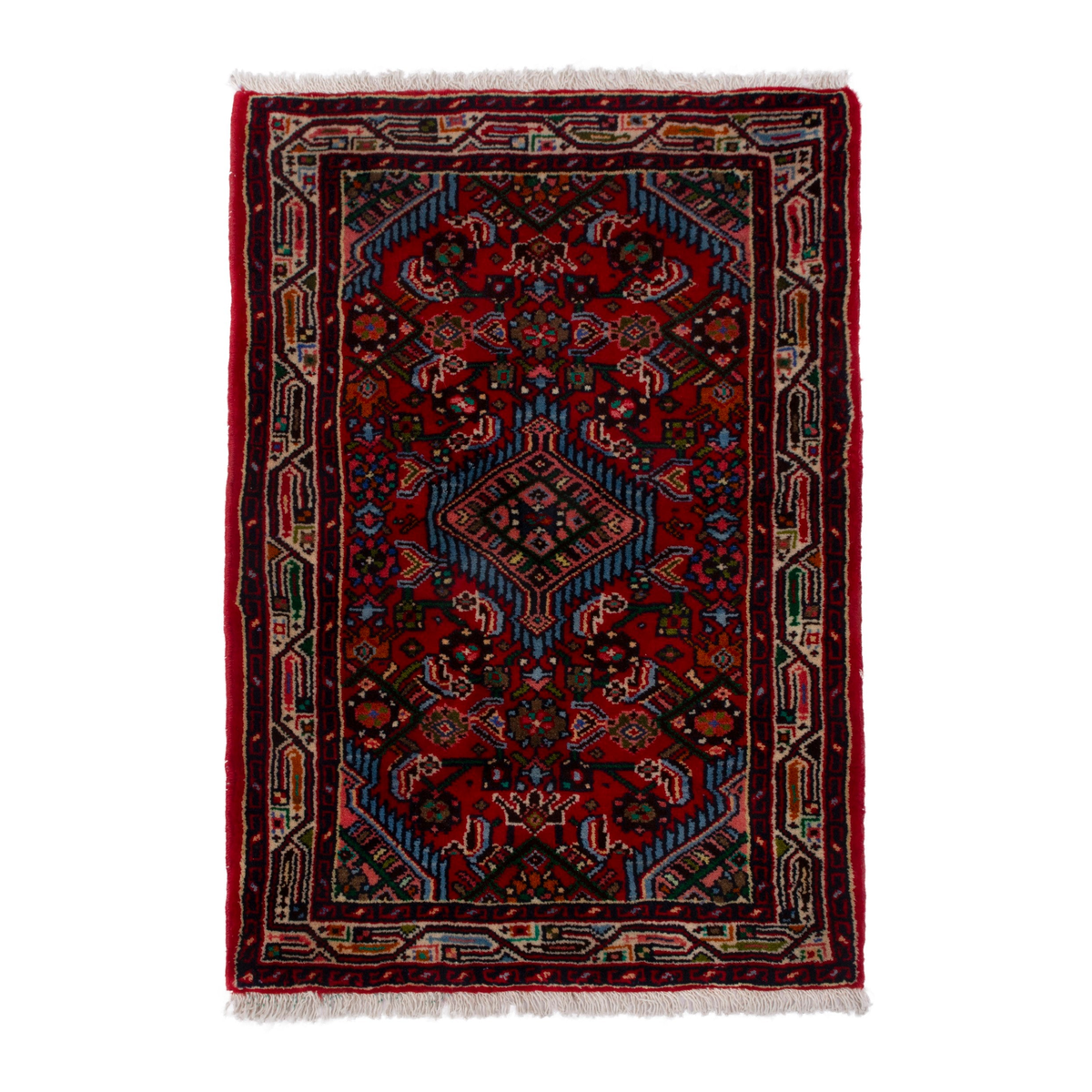 Persian Hamedan accent rug in deep red and denim, 2' x 3'1"