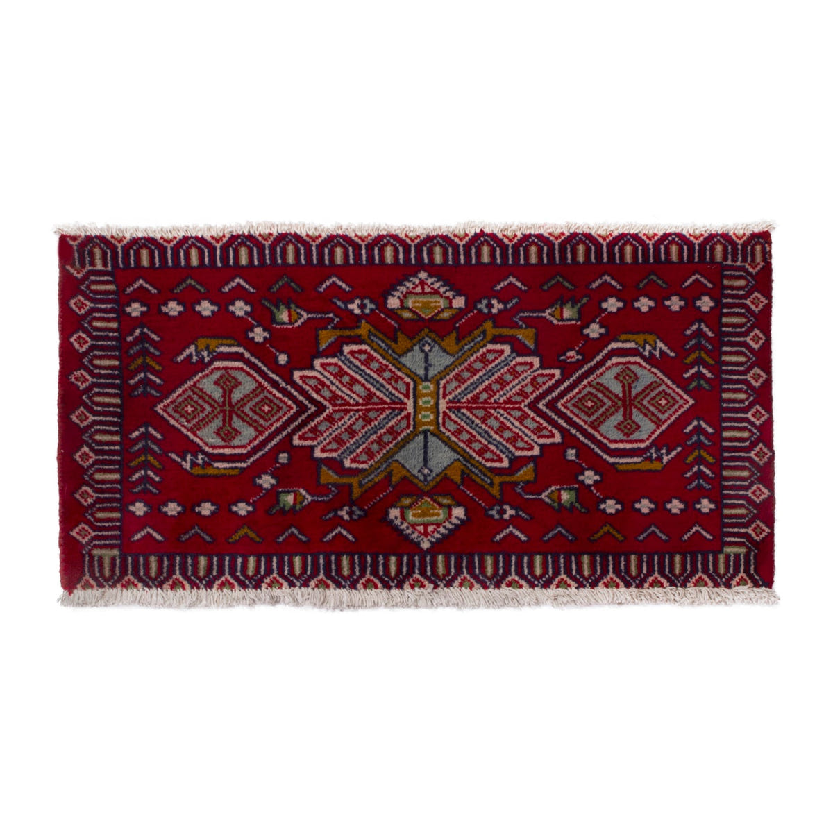 Persian Torkaman accent rug in burgundy and cream, 3'1" x 1'7"