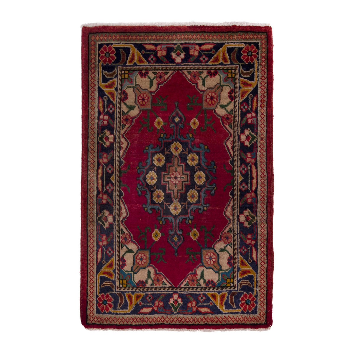 Persian Tabriz accent rug in burgundy and dark blue, 1'10" x 2'6"