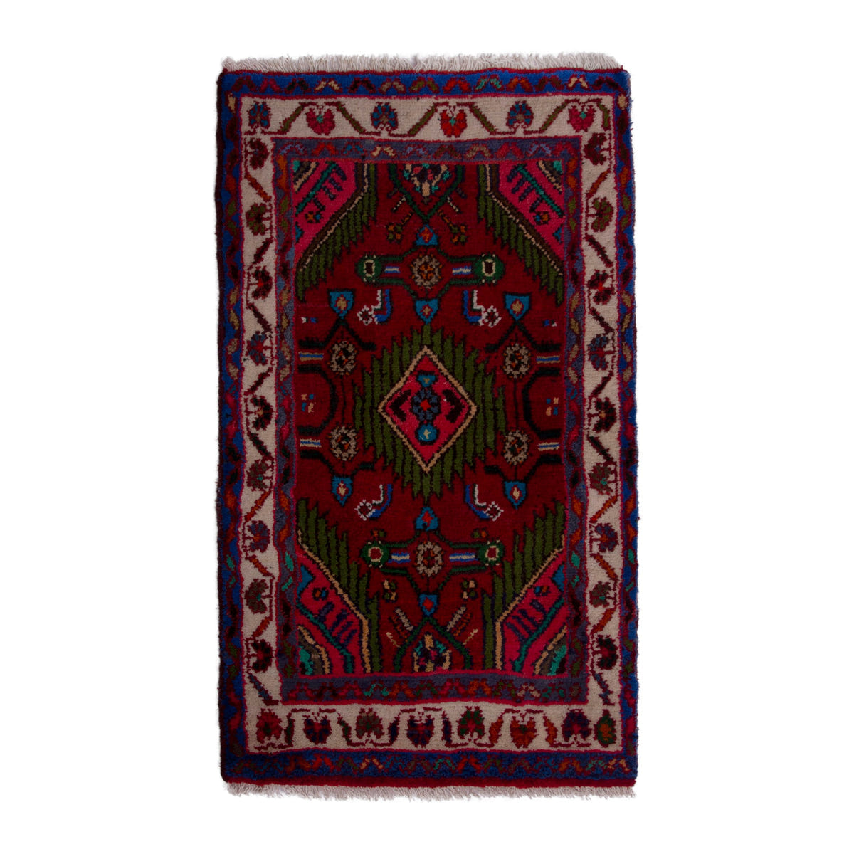 Persian Hamedan accent rug in deep red and cream, 1'10" x 3'1"