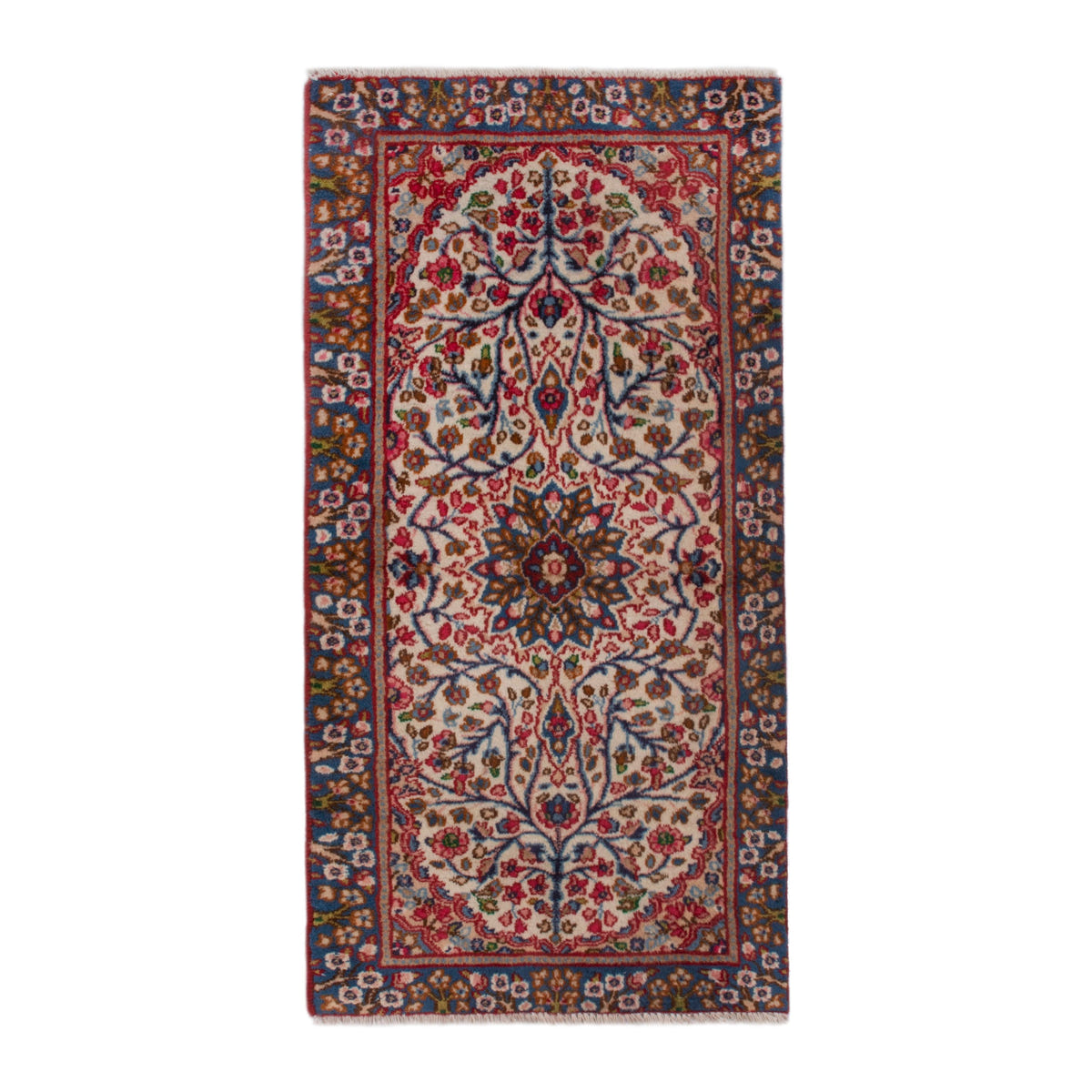 Persian Kerman accent rug in cream and deep red, 1'10" x 4'