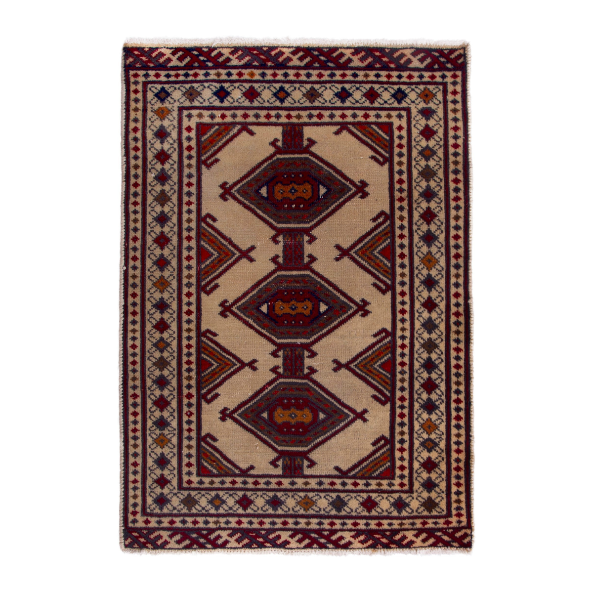 Persian Torkaman accent rug in cream and burgundy, 2'1" x 2'10"