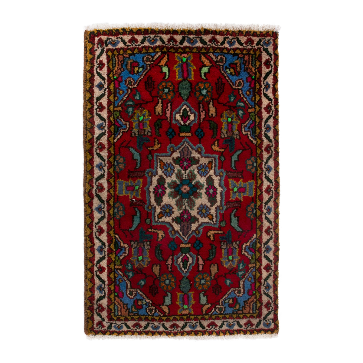 Persian Hamedan accent rug in deep red and cream, 1'8" x 2'6"