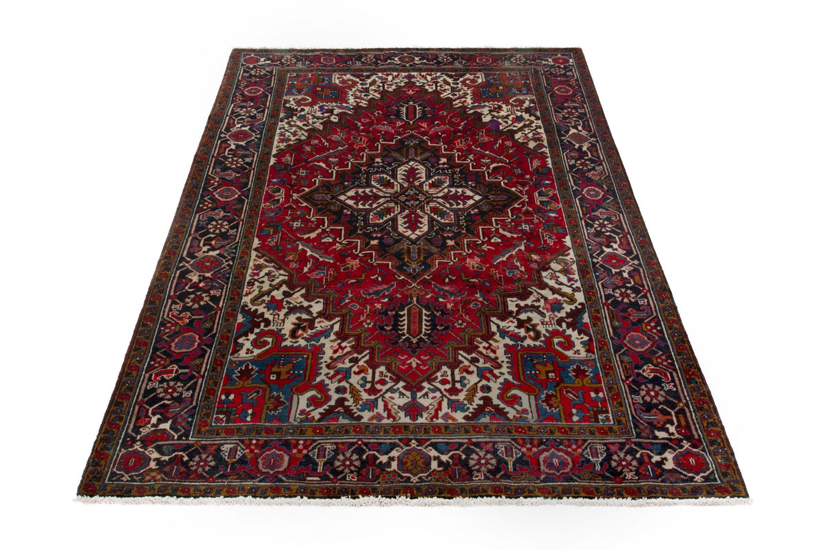 Turkish Anatolian area rug in deep red and navy, view 3 of 21