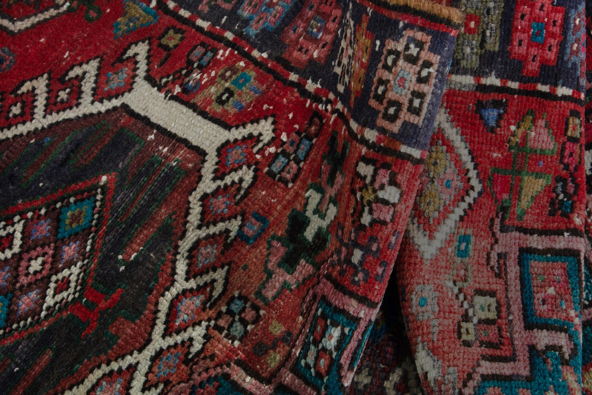 Persian Gharajeh runner rug in faded red and navy, view 15 of 17