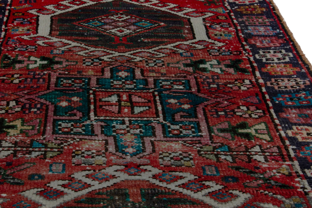 Persian Gharajeh runner rug in faded red and navy, view 10 of 17