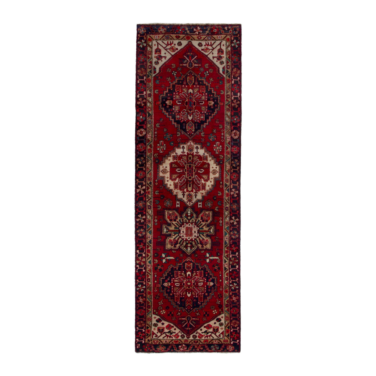 Persian Gorevan runner rug in deep red and cream, 3'4" x 10'3"