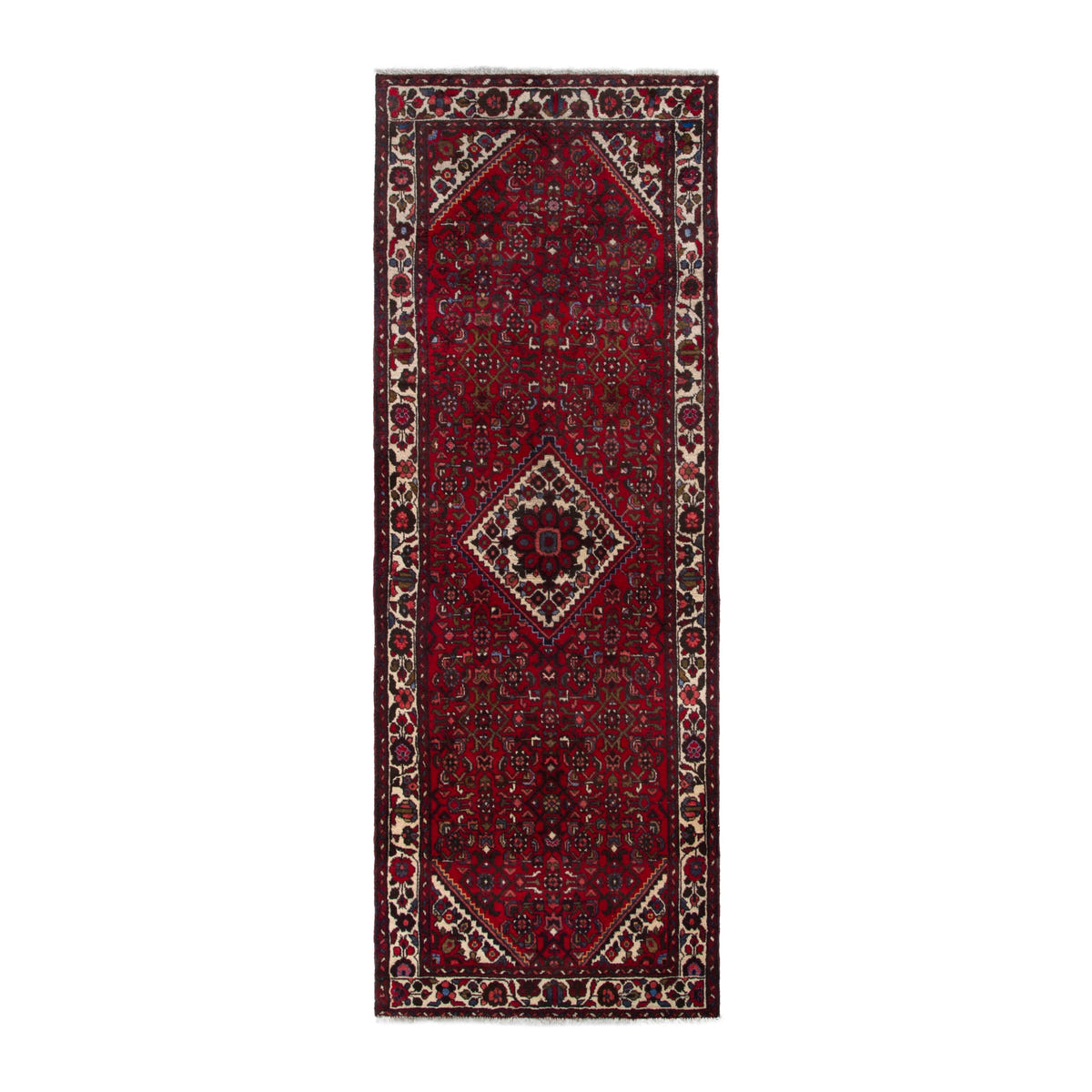 Persian Hamedan runner rug in deep red and off-white, 3'6" x 9'9"
