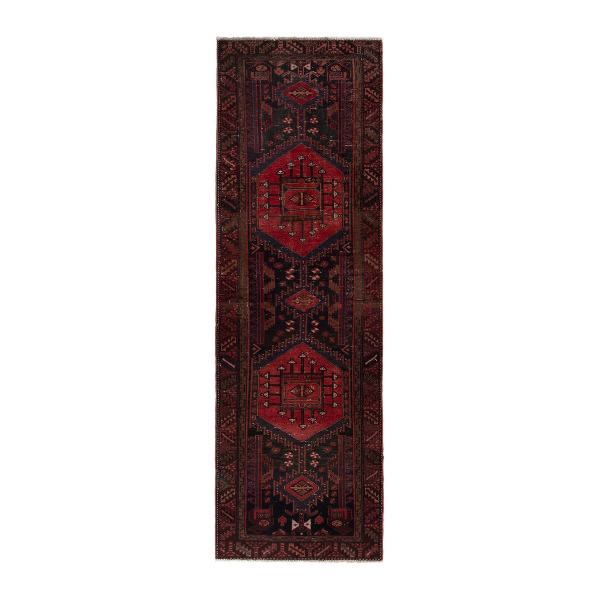 Persian Zanjan runner rug in deep indigo and deep red, 3'1" x 9'10"