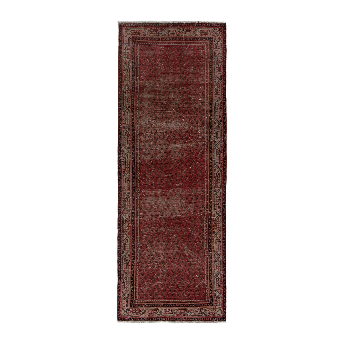 Persian Botteh runner rug in burgundy and faded red, 3'8" x 9'7"