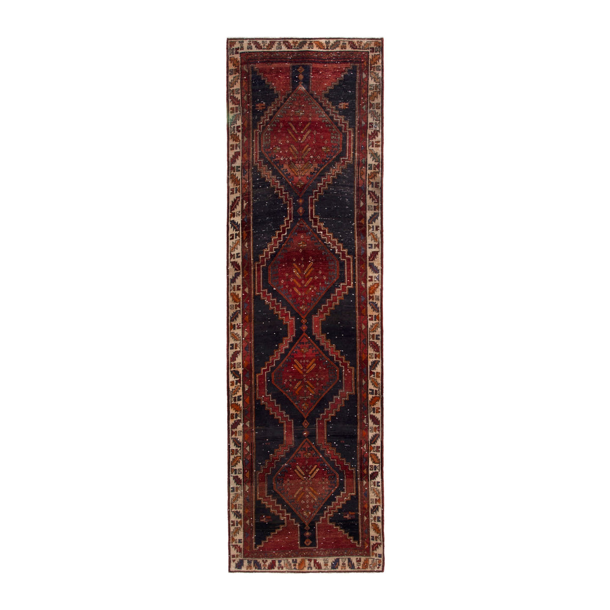 Persian Azerbaijan runner rug in navy and deep red, 3'7" x 12'4"